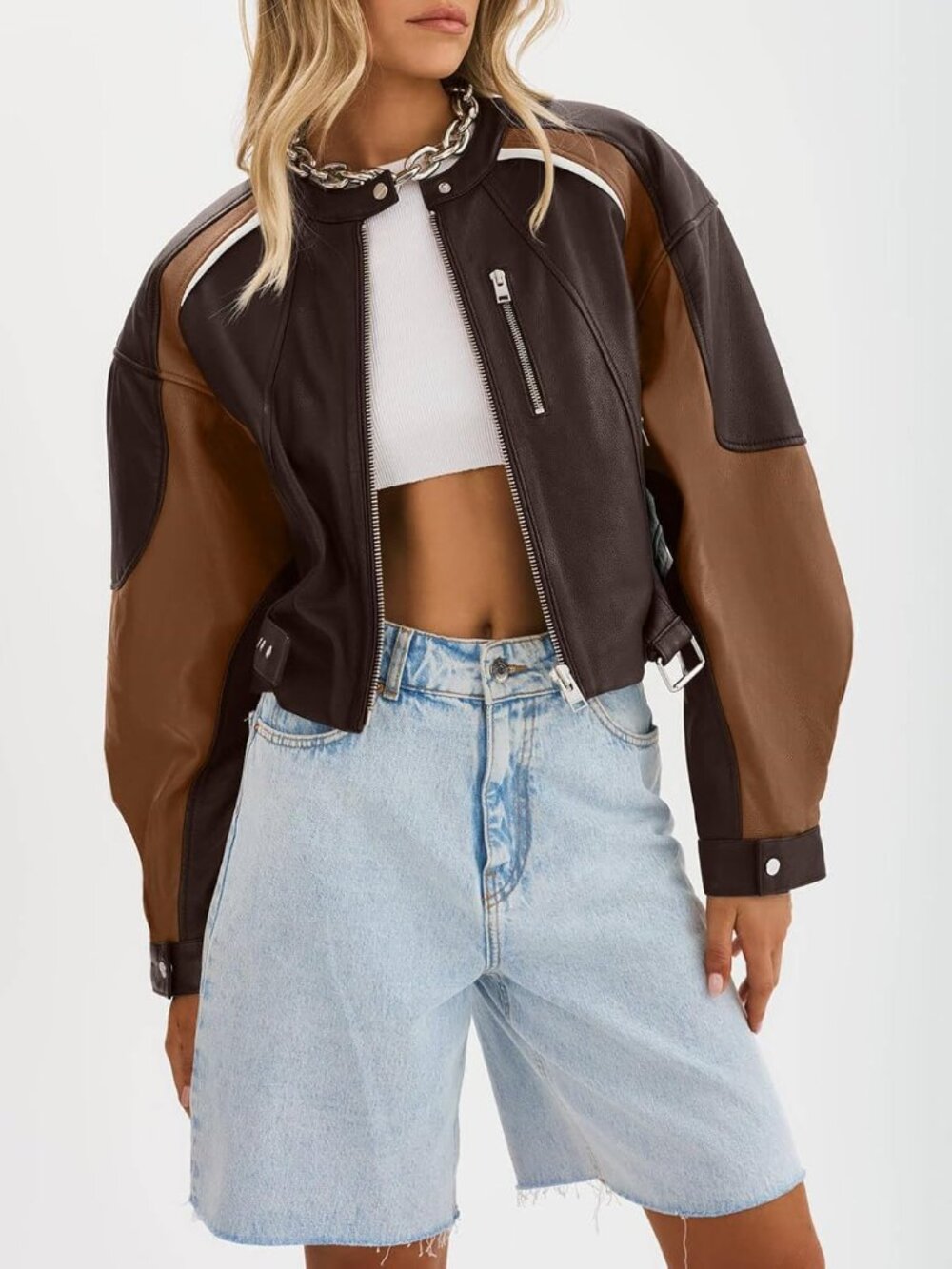 Women's Dark Brown Color Block Faux Leather Cropped Bomber Moto Biker Jacket - Picture 2 of 5